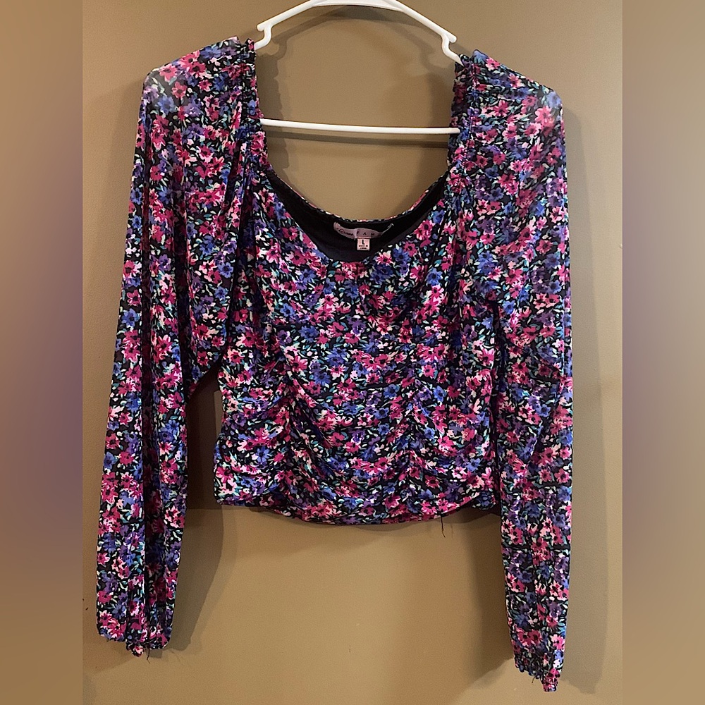 CRAVE FAME Pink & Purple Floral Ruched Long-Sleeve Crop Top